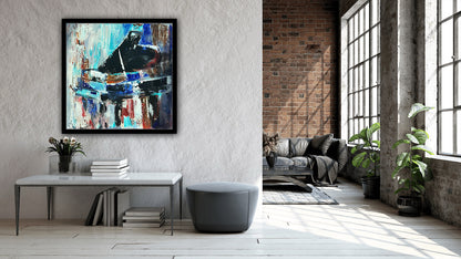 Framed in black Textured Original Abstract Oil Painting On Canvas 55x55cm Black Grand Piano