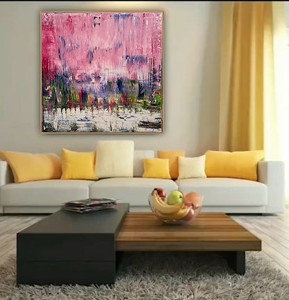 Oka style textured Original modern Abstract Oil Painting On Canvas 80 x 80cm ‘Pink Horizon’