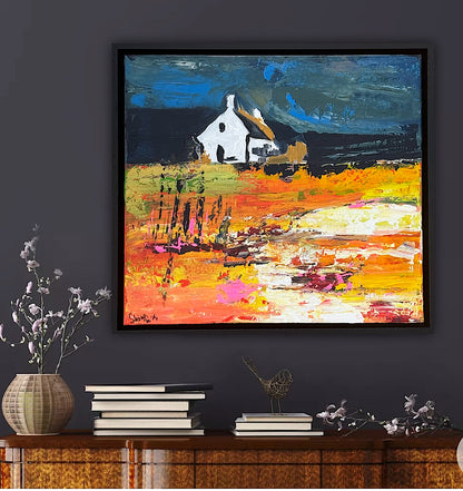 Framed Original Abstract contemporary Oil Painting On Canvas 43x40cm Magazine Irish House on a Hill Oka
