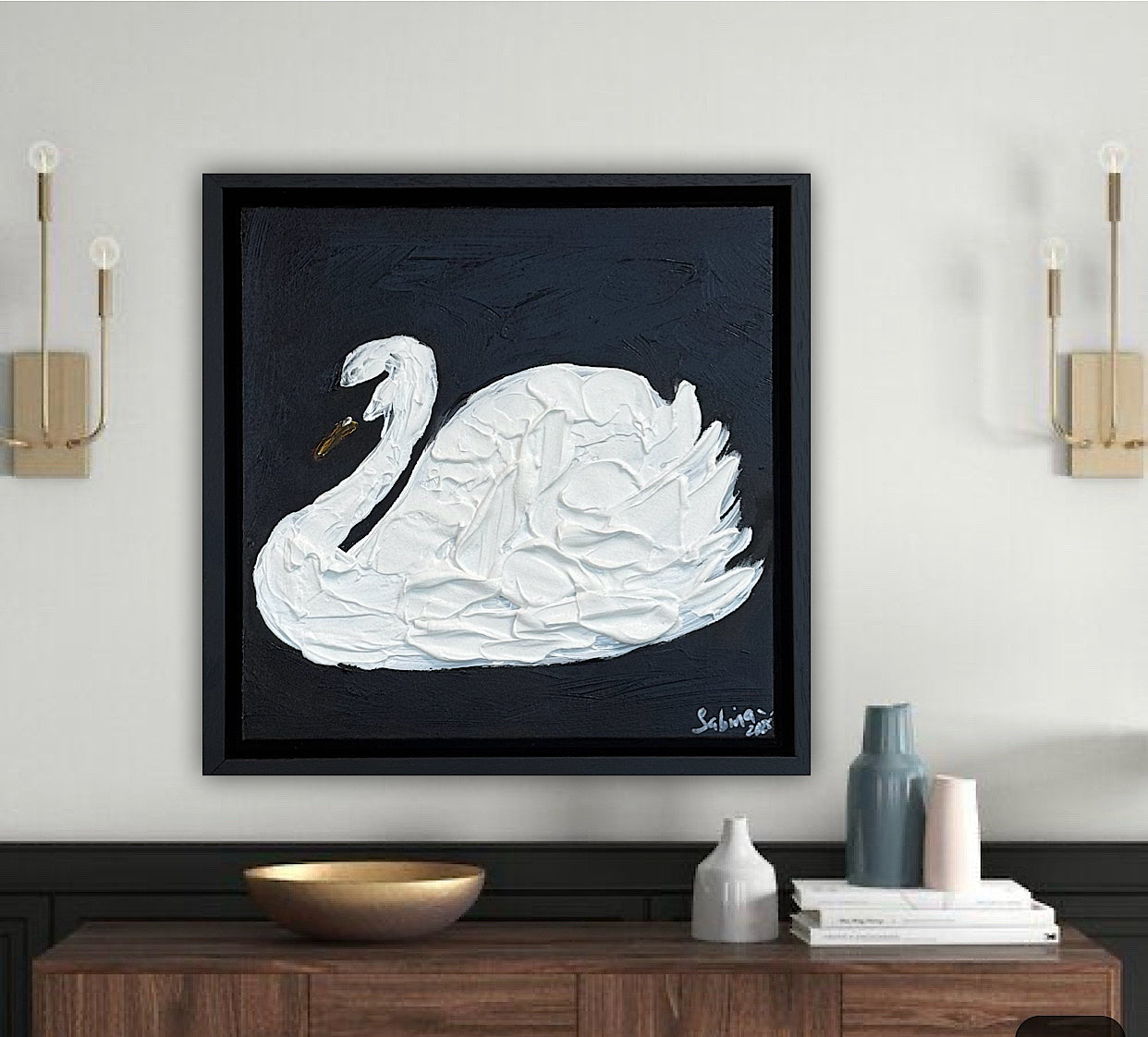 Framed Original Abstract contemporary Oil Painting On Canvas 30x30cm Swan Nocturne oka