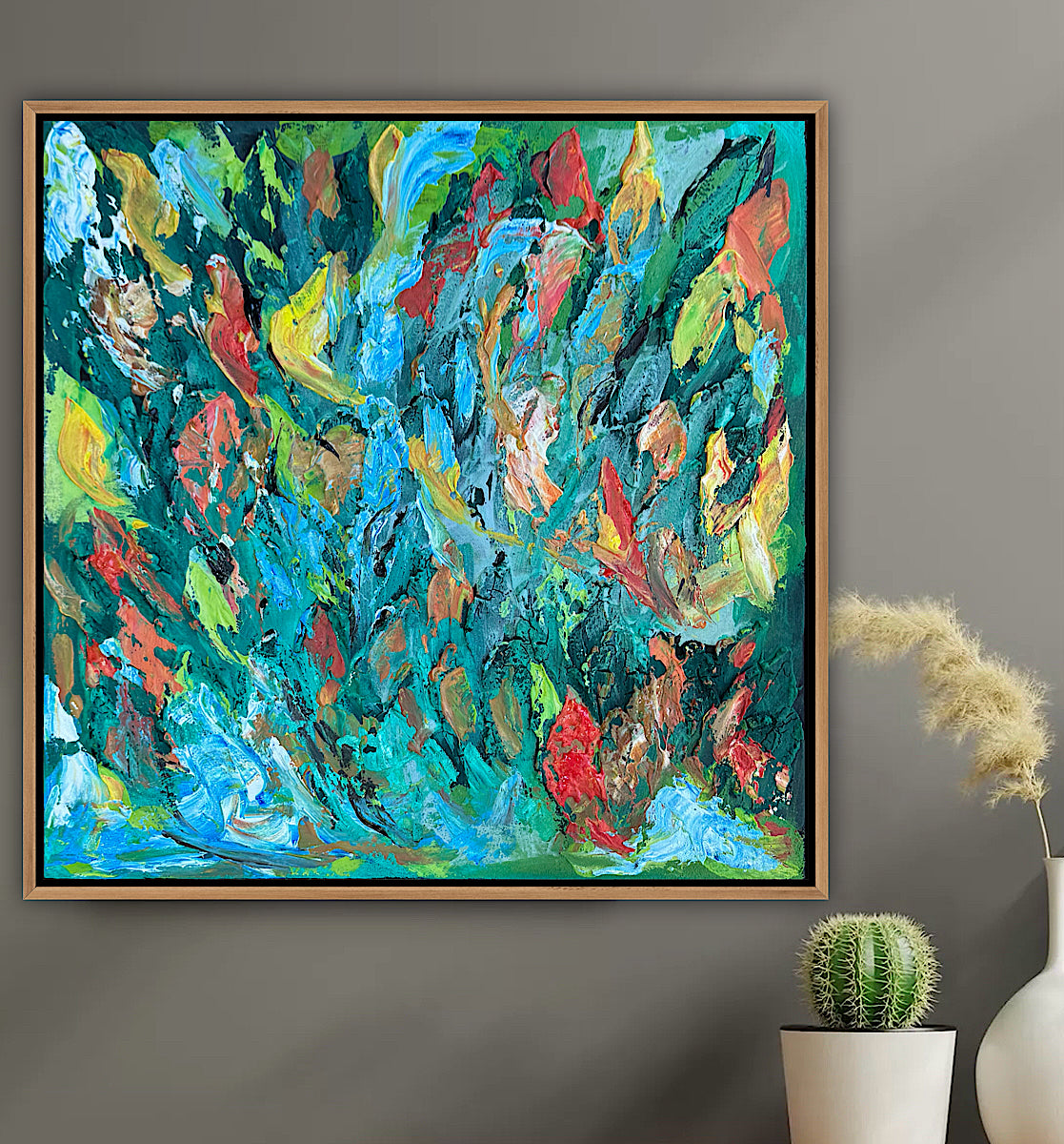 Framed in oak Original Abstract contemporary Oil Painting On Canvas 55x55cm Velvet Tides textured Oka