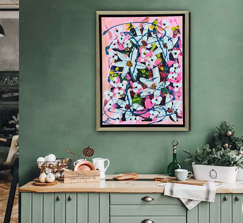 Framed Original Abstract contemporary Oil Painting On Canvas 40 x 30cm white Flowers Oka