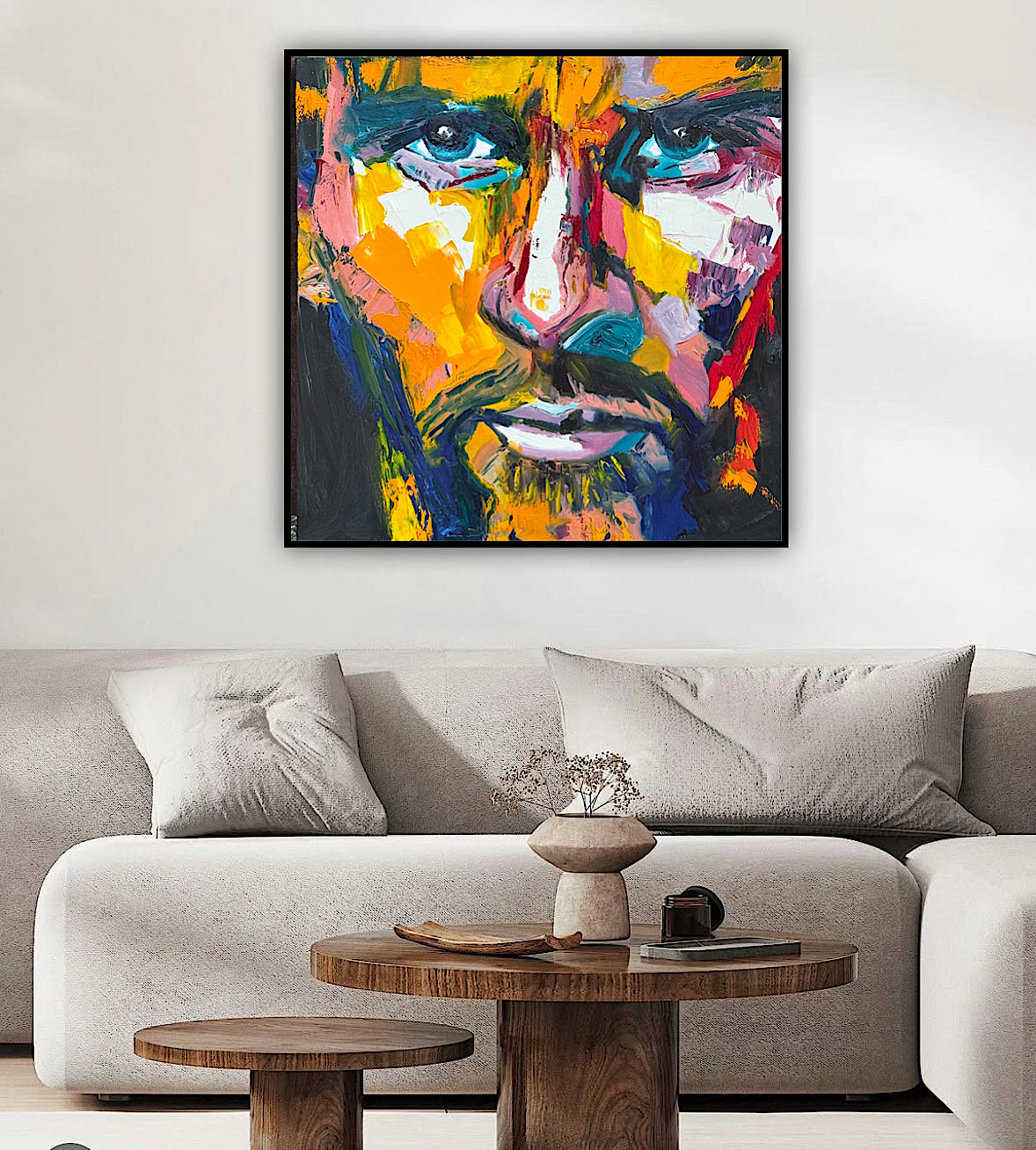 Original Abstract mixed media oil Painting On Canvas 50x50cm male portrait ‘Alejandro’ oka