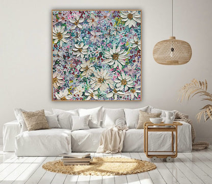 Original Abstract Oil Painting On deep edge Canvas 80x80cm Summer Flowers and more Flowers Textured