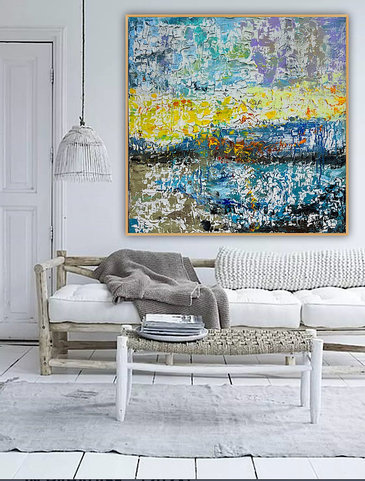 Original Abstract Oil Painting On Canvas Textured 100x100cm  Tides of Radiance (seaside)