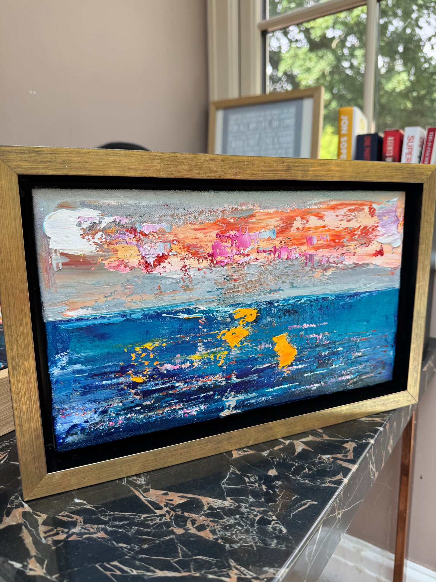 Framed in gold Original Abstract contemporary Oil Painting On Canvas 36x23cm textured Golden Tide