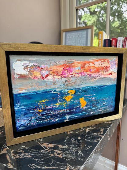Framed in gold Original Abstract contemporary Oil Painting On Canvas 36x23cm textured Golden Tide