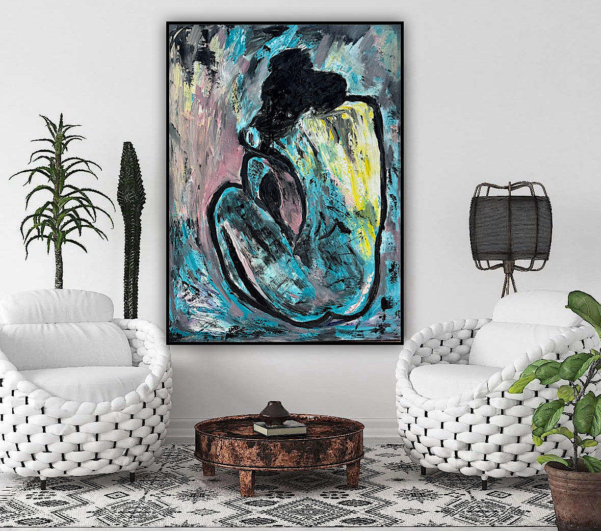 Large Picasso Abstract Style Original Oil Painting 100X76cm Blue Nude available now