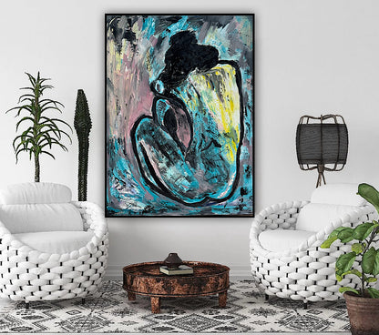 Large Picasso Abstract Style Original Oil Painting 100X76cm Blue Nude available now