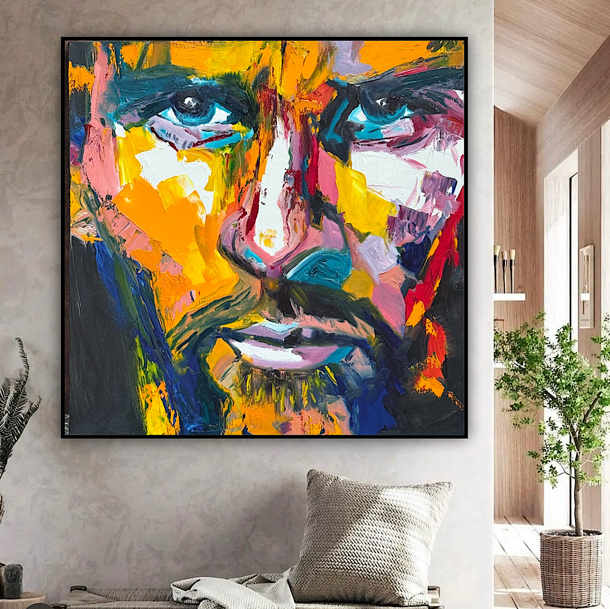 Original Abstract mixed media oil Painting On Canvas 50x50cm male portrait ‘Alejandro’ oka