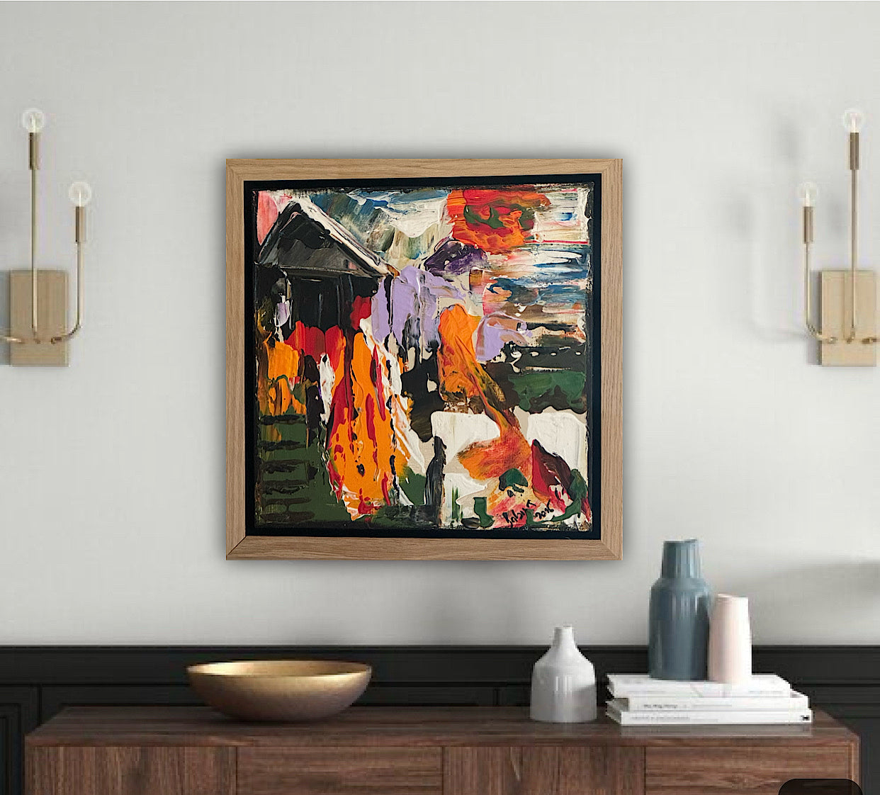 Framed Original Abstract contemporary Oil Painting On Canvas 30 x 30cm House on a Hill Oka