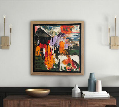 Framed Original Abstract contemporary Oil Painting On Canvas 30 x 30cm House on a Hill Oka