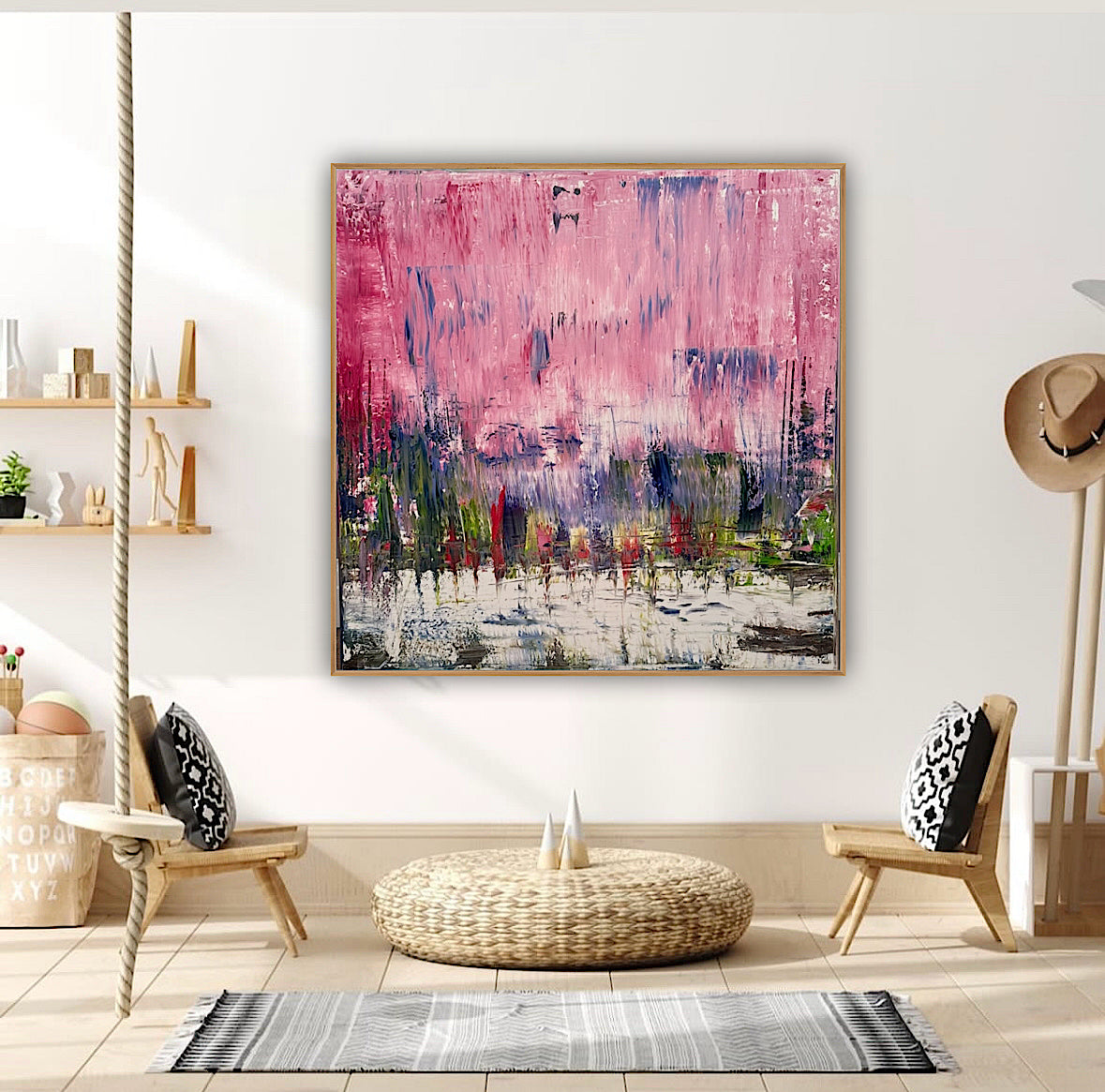 Oka style textured Original modern Abstract Oil Painting On Canvas 80 x 80cm ‘Pink Horizon’