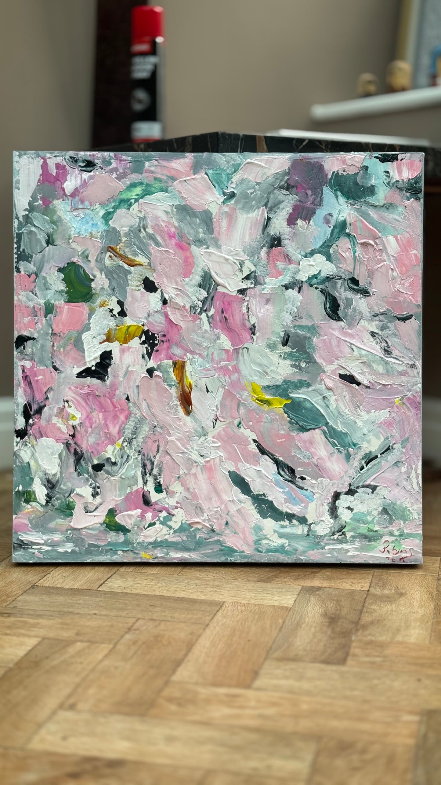 Large Abstract Original Oil Painting On 50x50cm canvas textured Painting ‘Pink Fusion’ Oka framed in solid oak frame