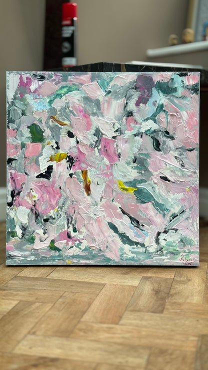 Large Abstract Original Oil Painting On 50x50cm canvas textured Painting ‘Pink Fusion’ Oka framed in solid oak frame