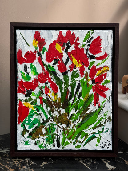 Framed Original Contemporary Abstract Oil Painting On Canvas 38 x 32cm ‘ Red Flowers