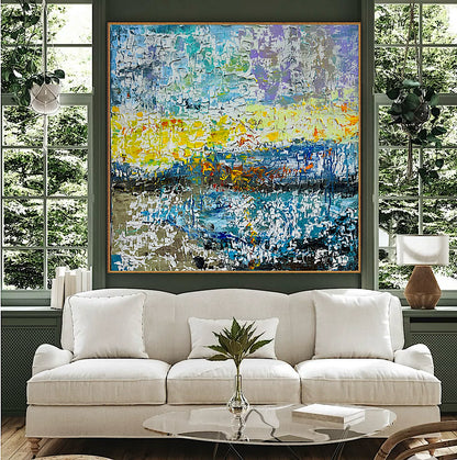 Original Abstract Oil Painting On Canvas Textured 100x100cm  Tides of Radiance (seaside)