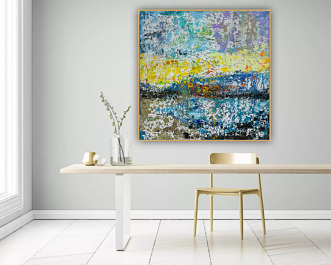 Original Abstract Oil Painting On Canvas Textured 100x100cm  Tides of Radiance (seaside)