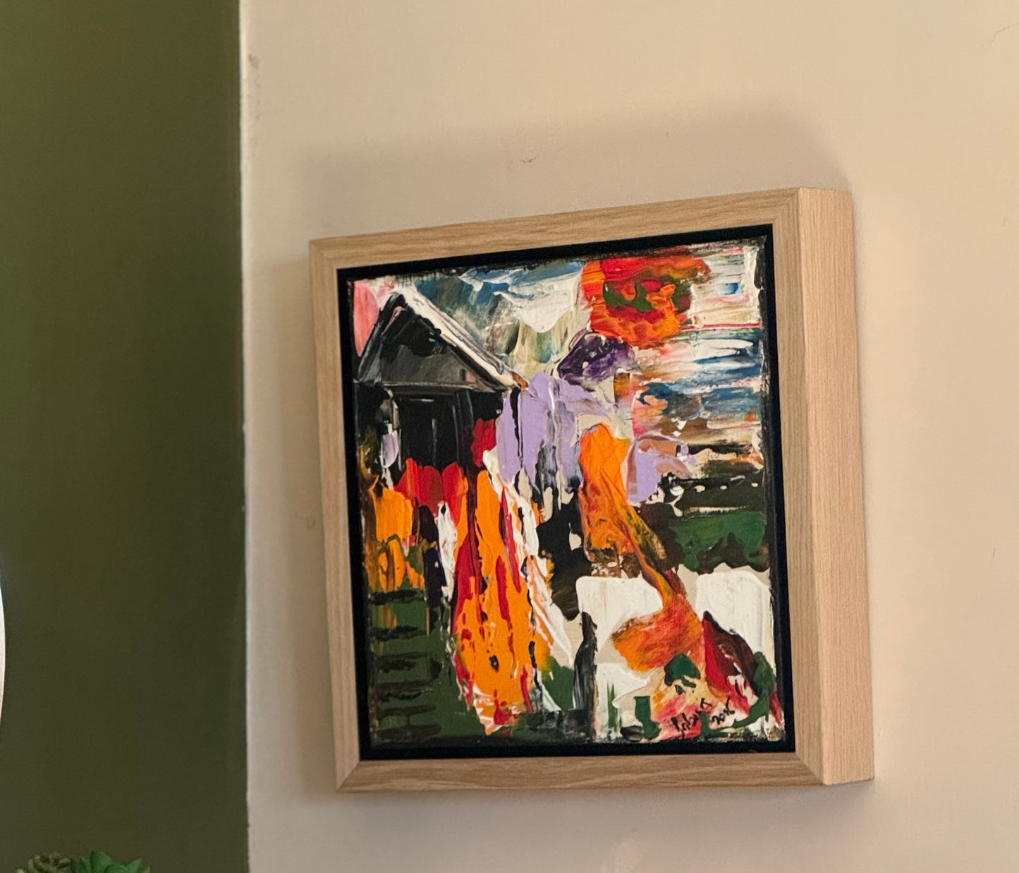 Framed Original Abstract contemporary Oil Painting On Canvas 30 x 30cm House on a Hill Oka