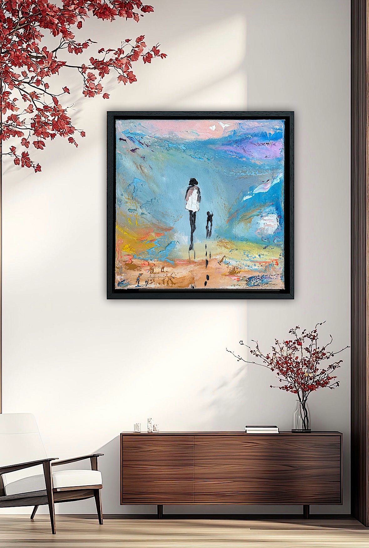 Framed in black frame Original Abstract contemporary Oil Painting On Canvas 35x35cm Woman and a dog ‘Little steps ‘