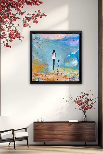 Framed in black frame Original Abstract contemporary Oil Painting On Canvas 35x35cm Woman and a dog ‘Little steps ‘