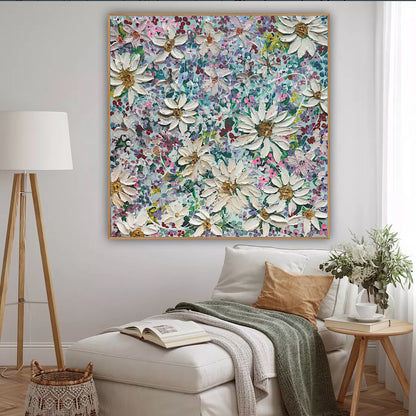 Original Abstract Oil Painting On deep edge Canvas 80x80cm Summer Flowers and more Flowers Textured