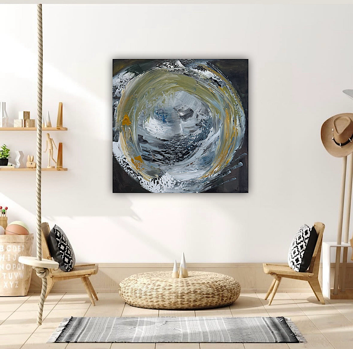 Original Abstract mixed media oil acrylic wax Painting On Canvas 50x50cm Gold & Ash Orbit oka