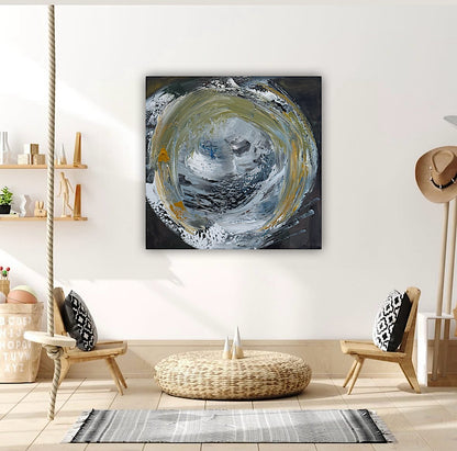 Original Abstract mixed media oil acrylic wax Painting On Canvas 50x50cm Gold & Ash Orbit oka
