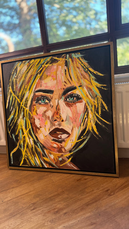 Contemporary Abstract Original Oil Painting On Canvas 90x90cm  Blond girl ‘Luna’ woman’s portrait Framed