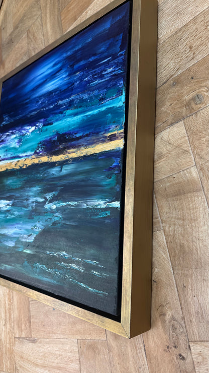 Framed in gold oak frame Original Abstract contemporary Oil Painting On Canvas 55x50cm  textured Oka Night Ocean