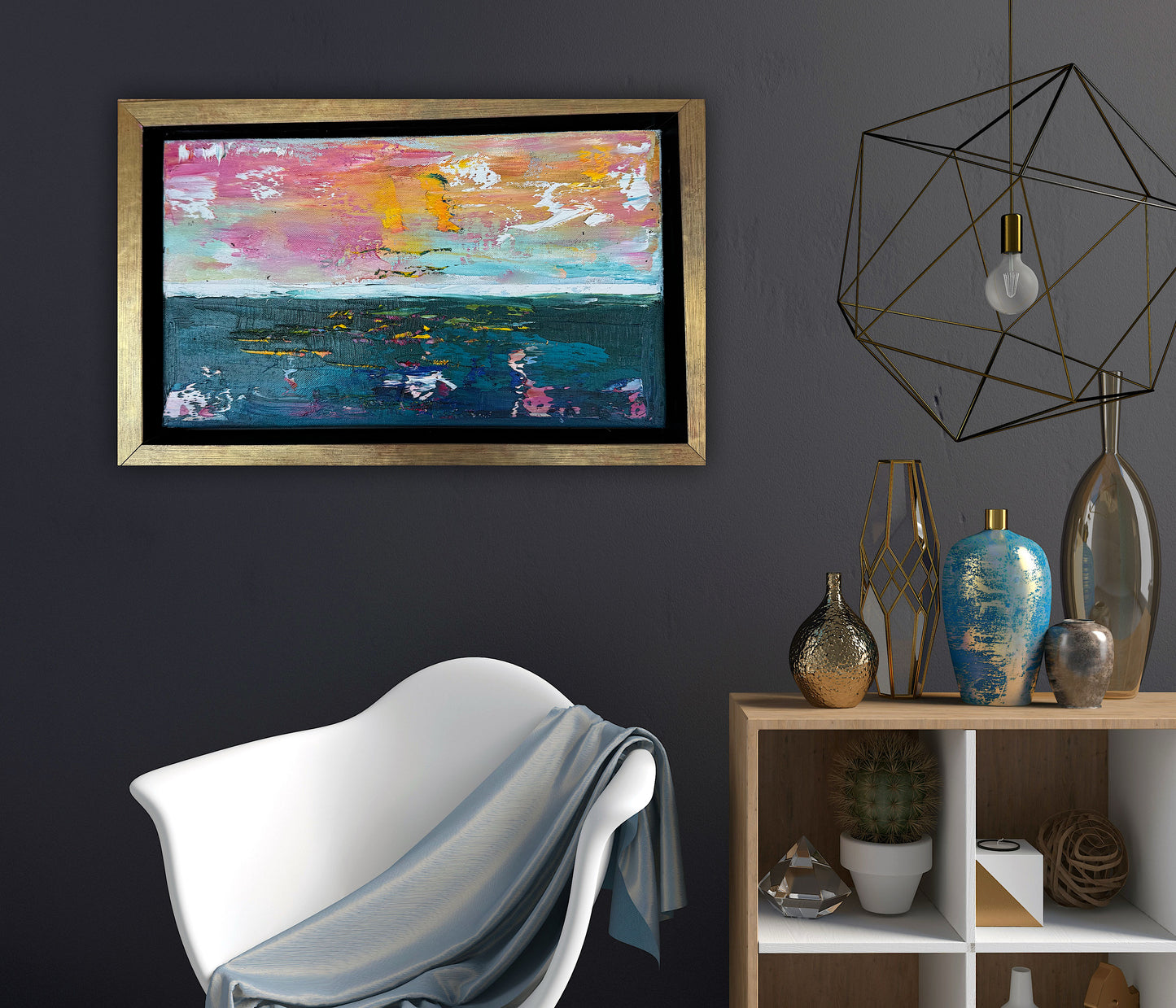 Framed in gold Original Abstract contemporary Oil Painting On Canvas 36x23cm textured Rose Gold sea