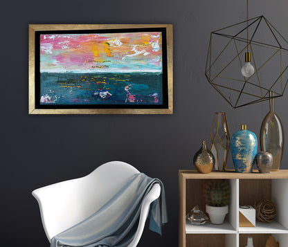 Framed in gold Original Abstract contemporary Oil Painting On Canvas 36x23cm textured Rose Gold sea