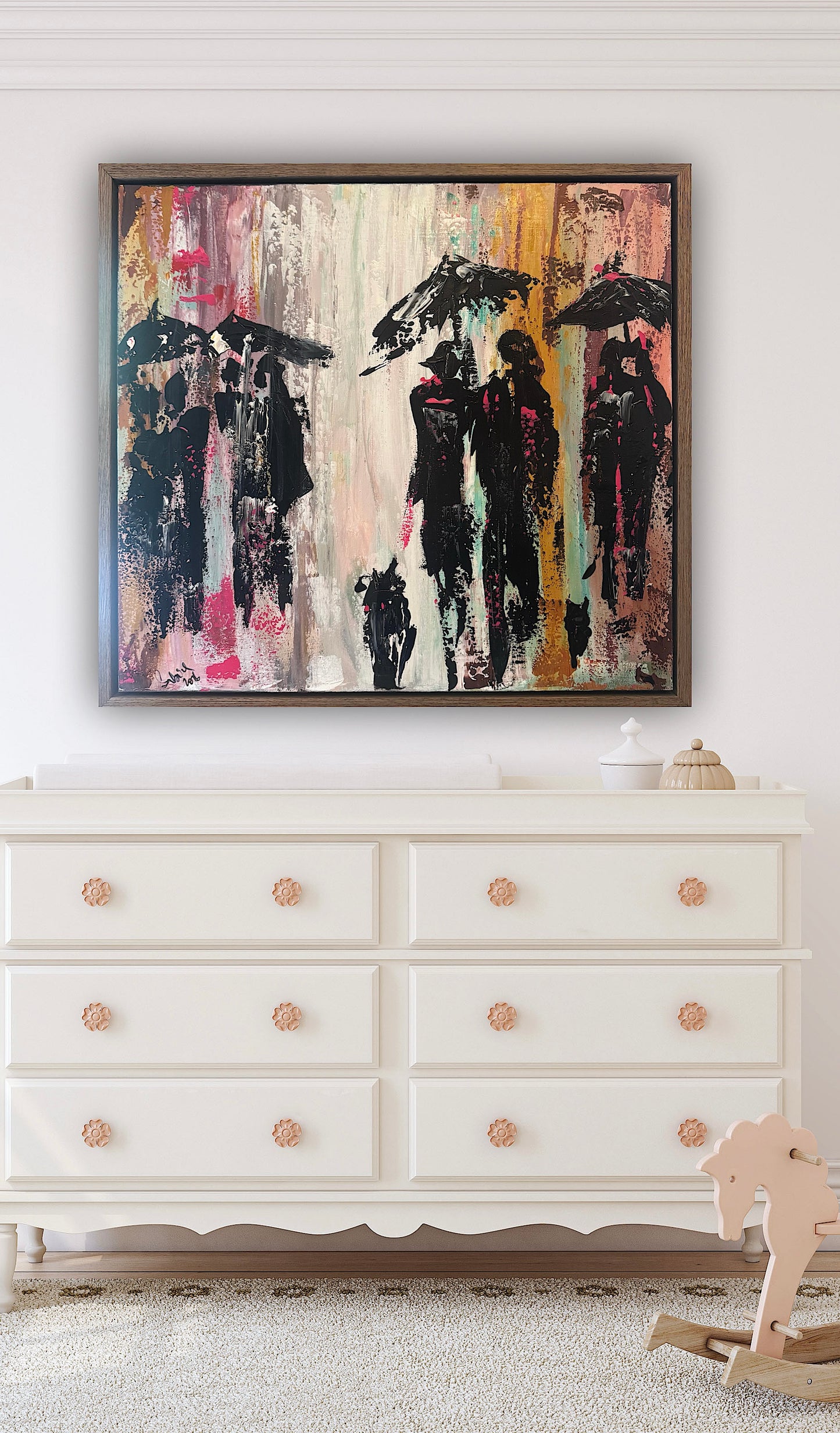 Original Abstract contemporary Oil Painting On Canvas 64cm x 60cm London in the Rain Framed in dark oak