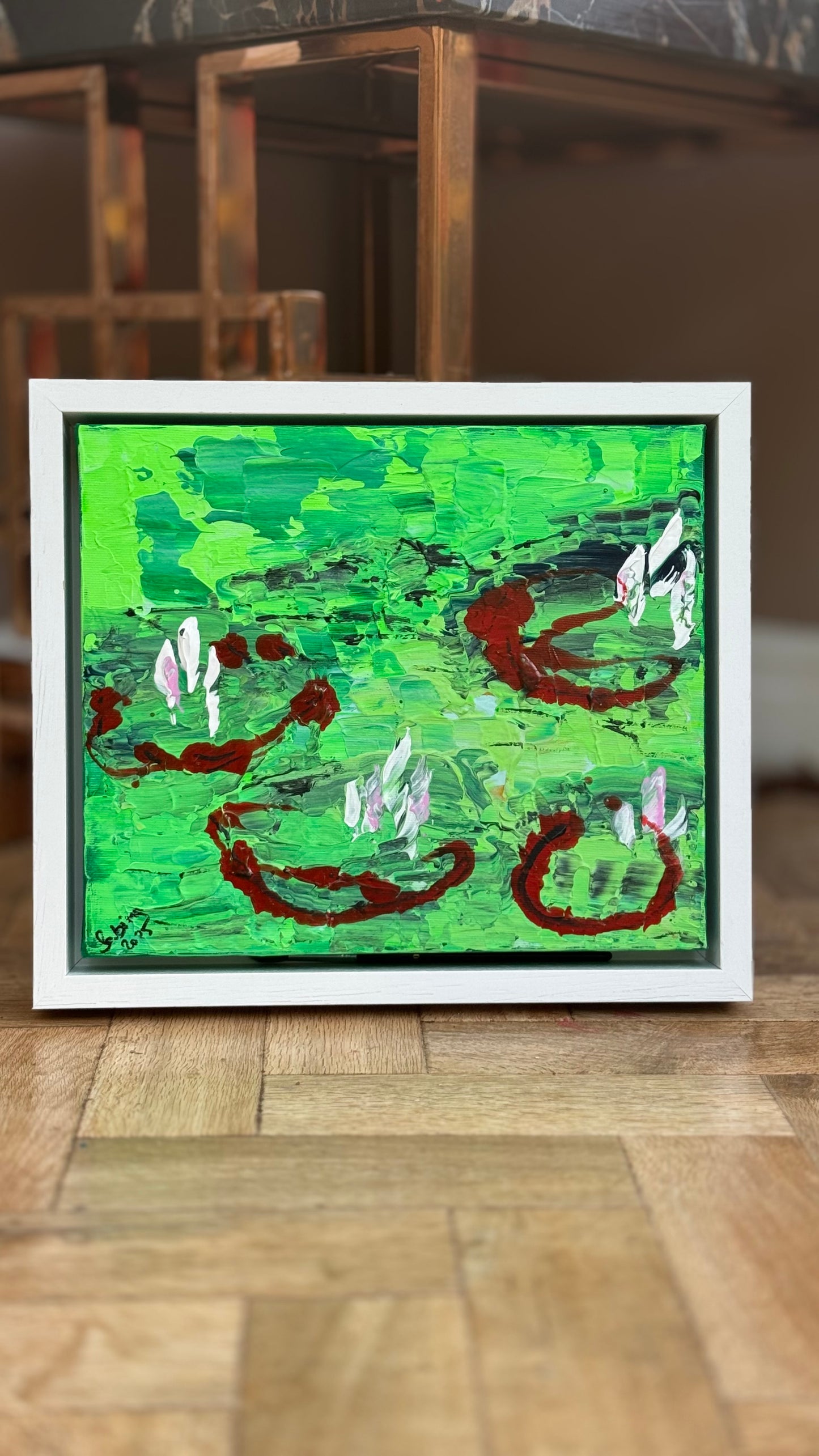 Framed Original Abstract contemporary Oil Painting On Canvas 36 x 33cm  Lily Pond oka
