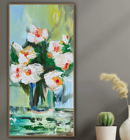 Oka Contemporary Abstract Original Oil Painting on 30cm x 60cm canvas textured White Roses floral love