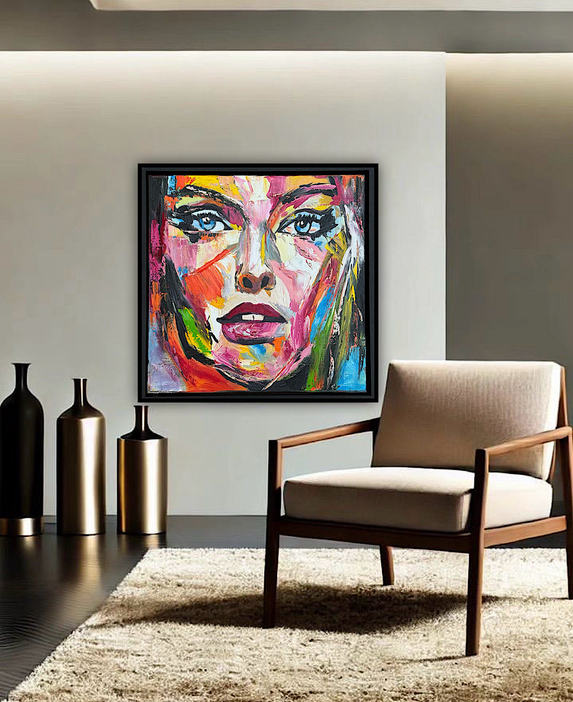 Framed in black frame Original Abstract contemporary Oil Painting On Canvas 54 x 54cm Wild Muse woman portrait