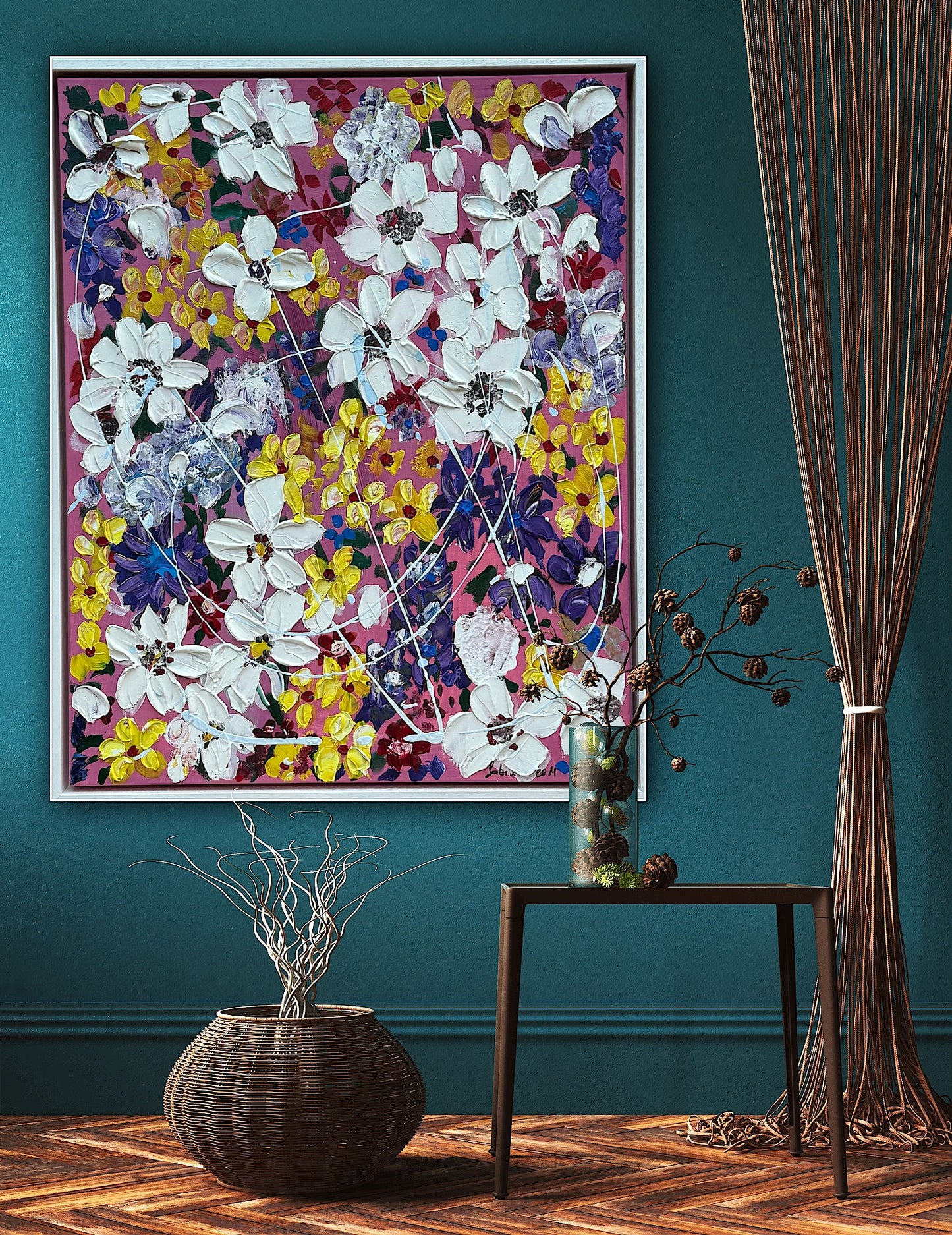 Framed Original Abstract Oil Painting On Canvas 80 x 65cm white flowers in bloom textured framed