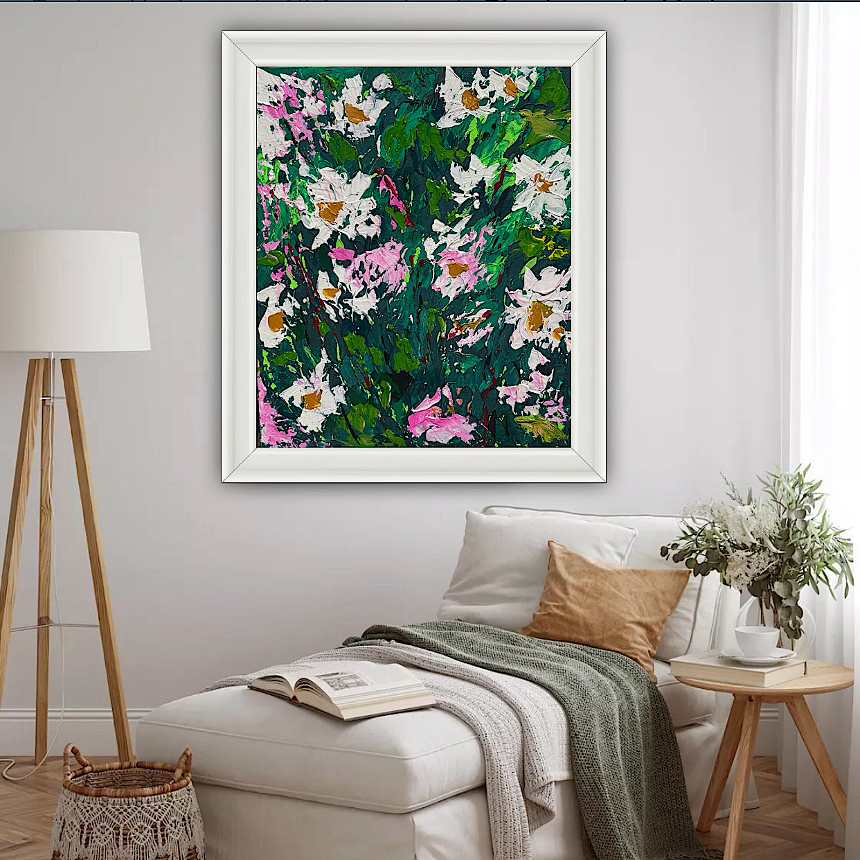 Original Abstract Oil Painting On Canvas board 60 x 50cm garden white flowers II Oka