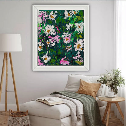 Original Abstract Oil Painting On Canvas board 60 x 50cm garden white flowers II Oka