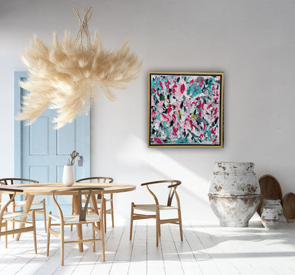 Abstract Original Oil Painting On 50x50cm canvas textured Painting ‘Summer Garden’ Oka framed in solid oak frame