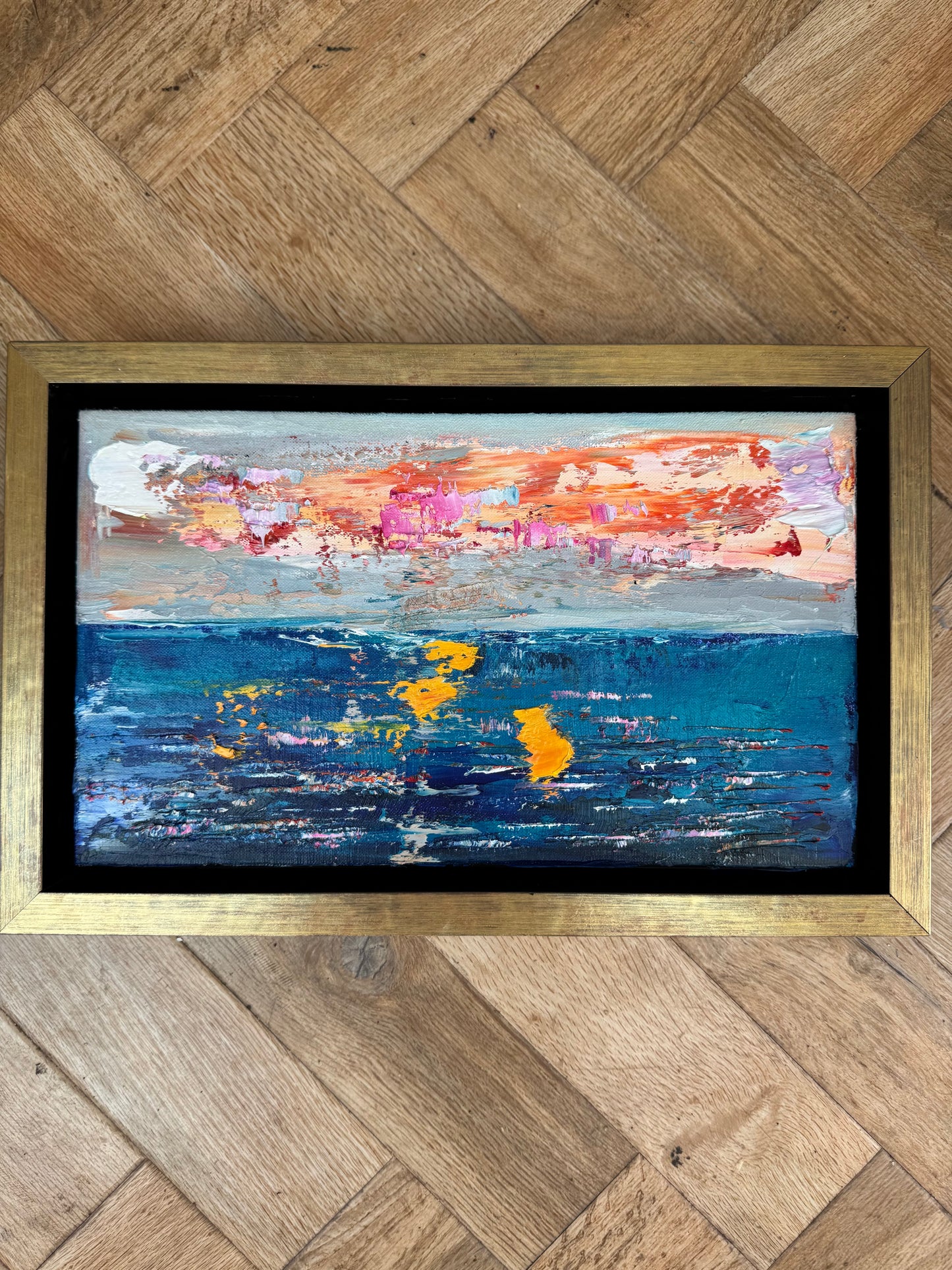Framed in gold Original Abstract contemporary Oil Painting On Canvas 36x23cm textured Golden Tide