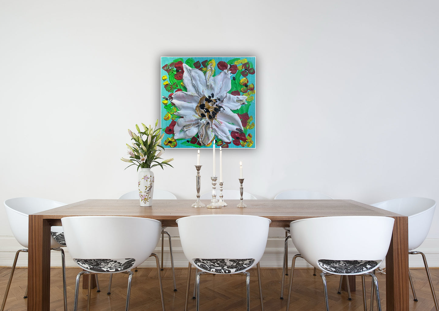 Modern Abstract Original Oil Paintings On 4cm deep Canvas ‘white flower ’  15x15cm textured