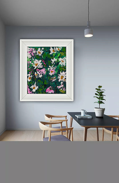Original Abstract Oil Painting On Canvas board 60 x 50cm garden white flowers II Oka