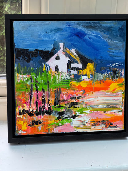 Framed in black frame Original Abstract contemporary Oil Painting On Canvas 32 x 32cm Irish cottage