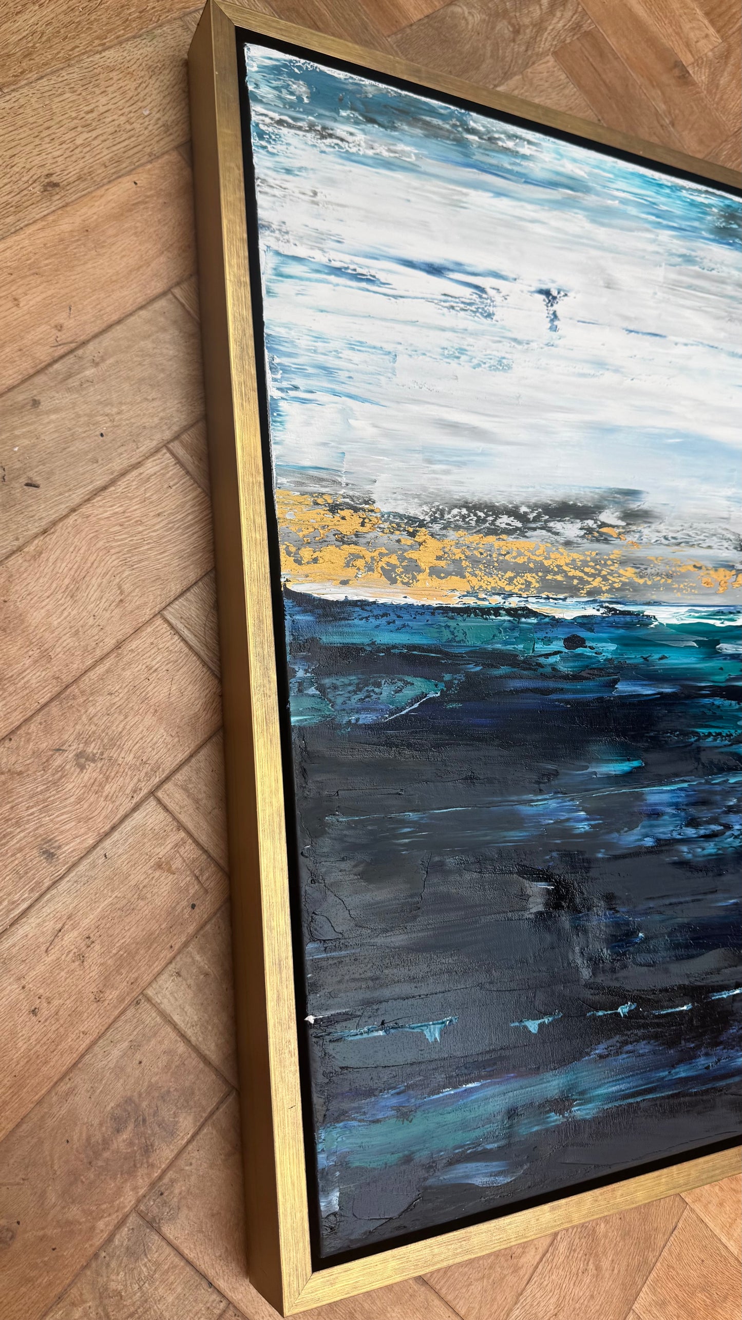 Framed in gold oak frame Original Abstract contemporary Oil Painting On Canvas 77x70cm  textured Oka Coastal Line