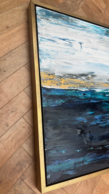 Framed in gold oak frame Original Abstract contemporary Oil Painting On Canvas 77x70cm  textured Oka Coastal Line