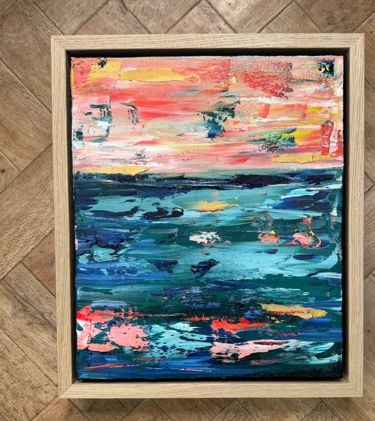 Framed in oak Original Abstract contemporary Oil Painting On Canvas 40x35cm  textured Oka Azure Ember