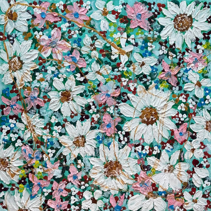 Original Abstract Oil Painting On deep edge Canvas 100x100cm Daisies & more Flowers Textured