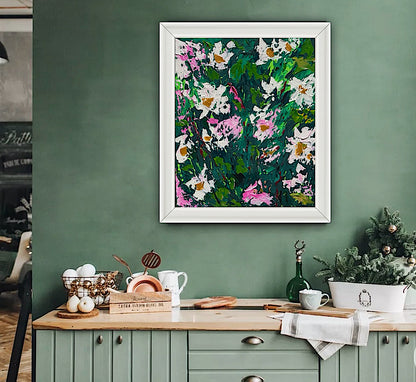 Original Abstract Oil Painting On Canvas board 60 x 50cm garden white flowers II Oka