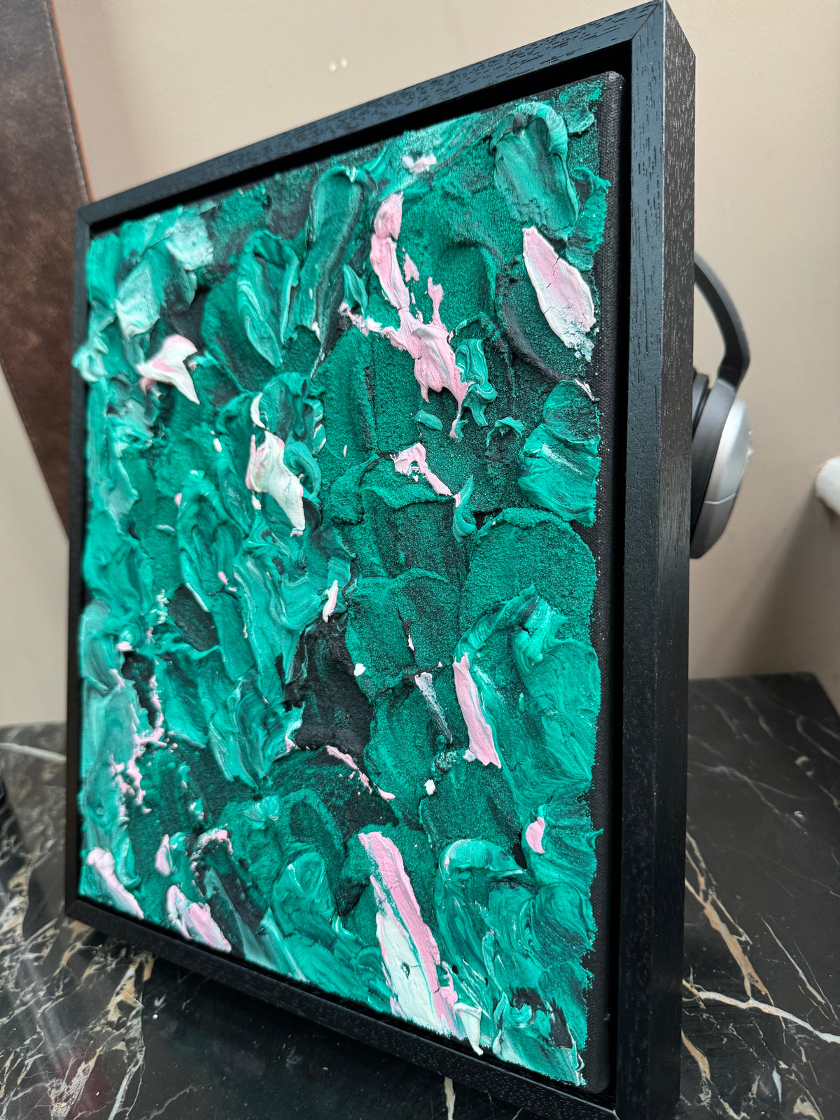 Framed in black textured Original Contemporary Abstract Oil Painting On Canvas 28x33cm Garden Love